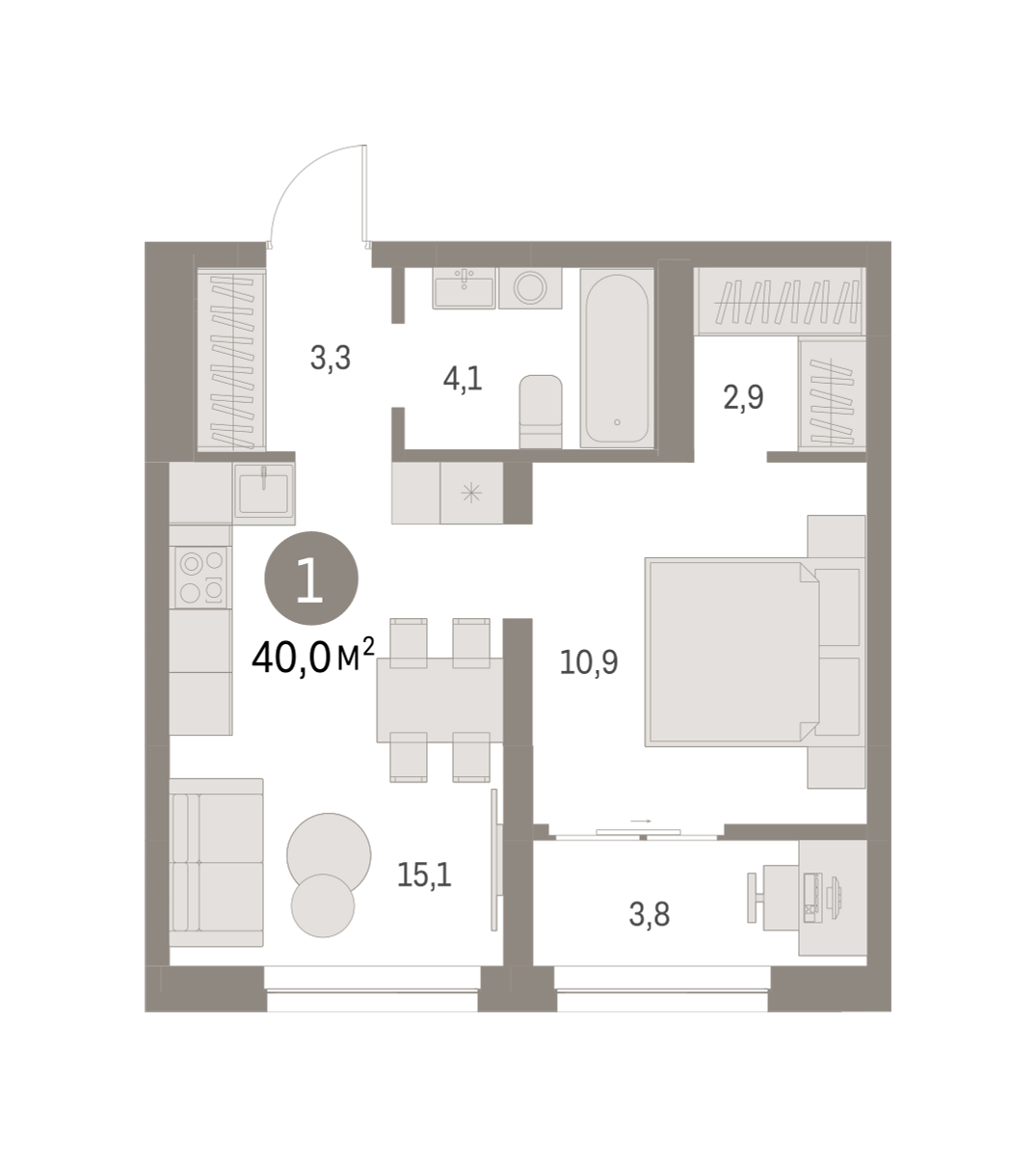1-комнатная квартира №299, 40,0 м² за 8,36 млн руб. в ЖК «Первый квартал» - планировка