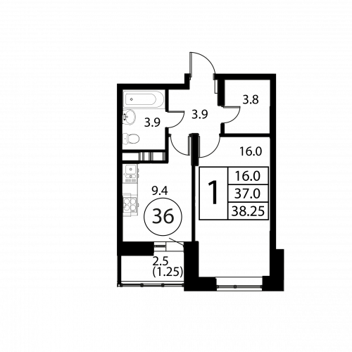 1-комнатная, квартира, 38.25 м²