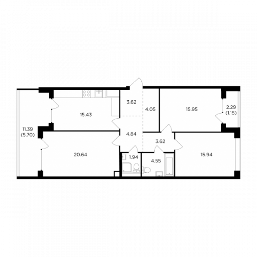 3-комнатная, 97.43 м²