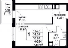 1-комнатная квартира 33,26 м²