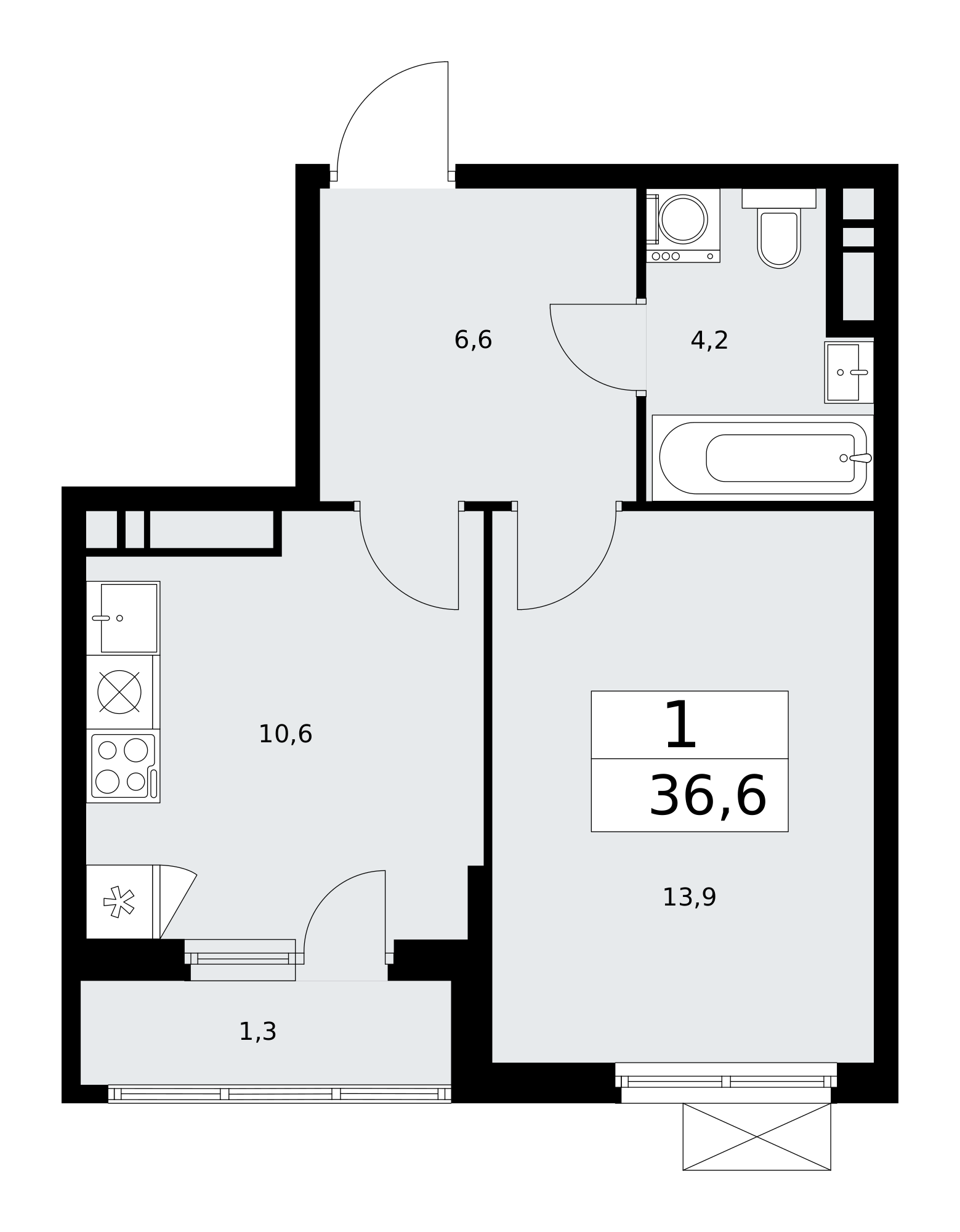 1-комнатная квартира №58К-11.2.3-567, 36,6 м² за 13,15 млн руб. в ЖК «Прокшино» - планировка