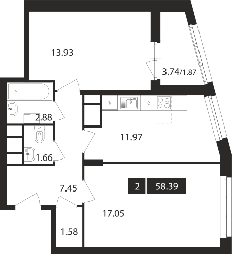2-комнатная, квартира, 58.39 м²