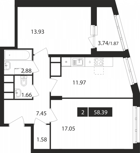 2-комнатная, квартира, 58.39 м²