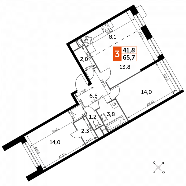 3 комнаты до 65.7