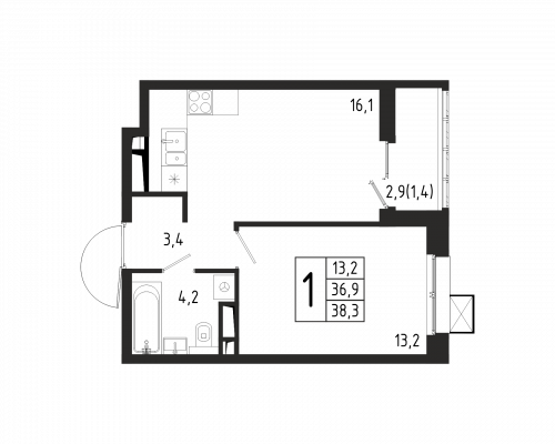 1-комнатная, квартира, 38.3 м²