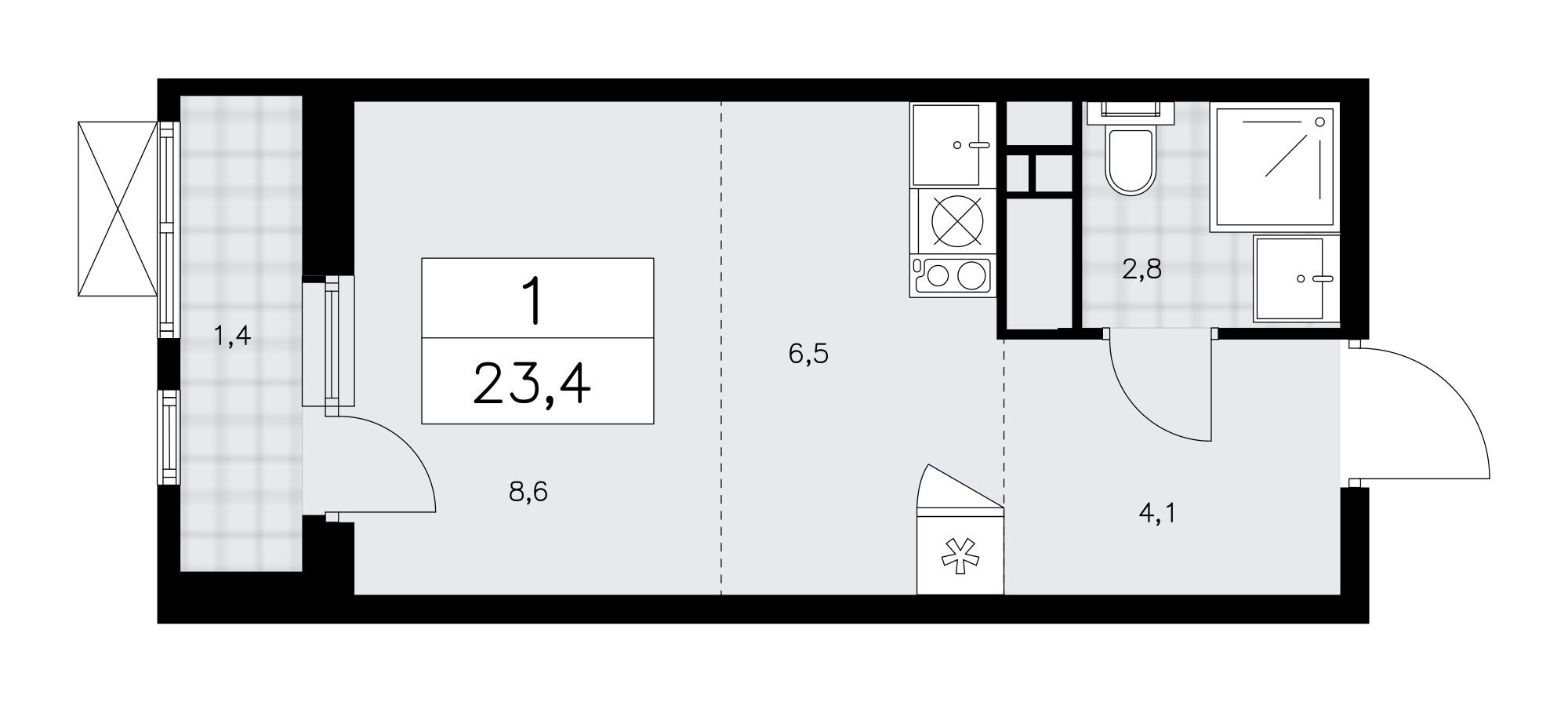 1-комнатная квартира №24К-37.2.1-173, 23,4 м² за 9,84 млн руб. в ЖК «Скандинавия» - планировка