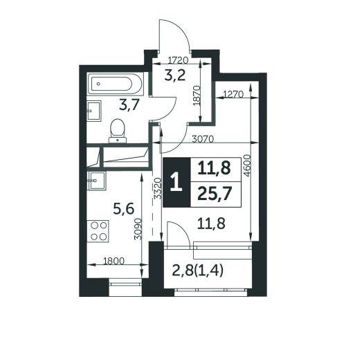Студия, 25.7 м²