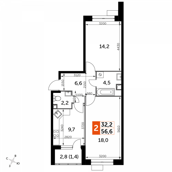 2 комнаты до 56.6