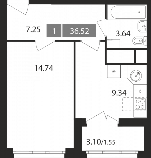 1 комната до 36.52