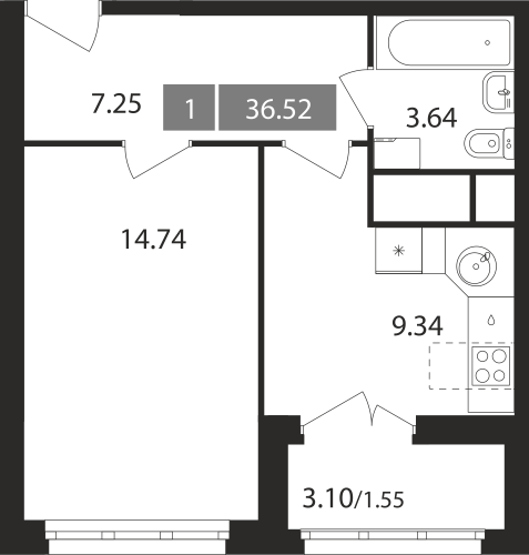 1-комнатная, квартира, 36.52 м²