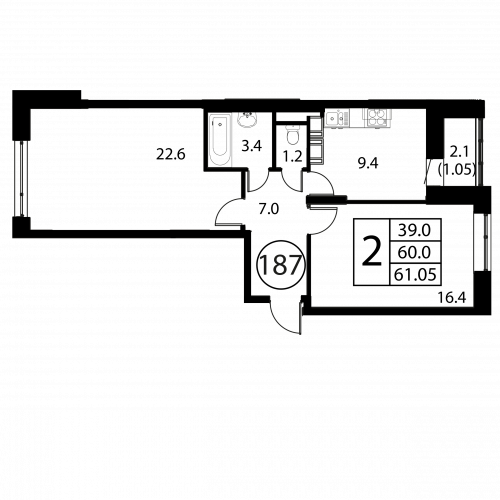 2-комнатная, квартира, 61.05 м²