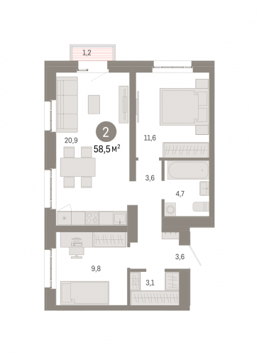2-комнатная, квартира, 58.5 м²