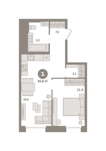 1-комнатная, квартира, 45.6 м²