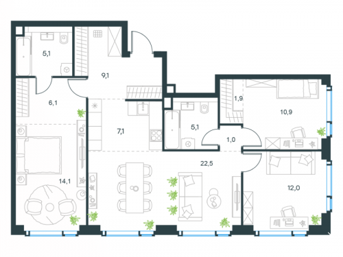 Многокомнатная, 94.9 м²