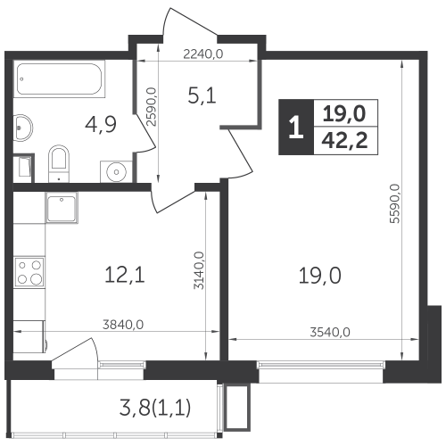 1-комнатная, квартира, 41.9 м²
