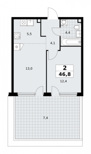 2-комнатная, 46.8 м²