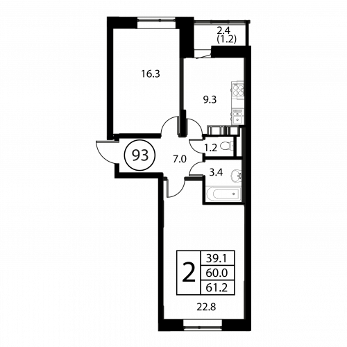 2-комнатная, квартира, 61.2 м²