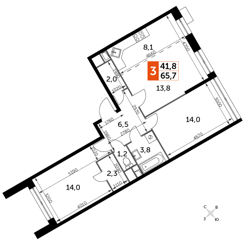 3-комнатная, 65.7 м²