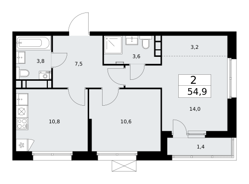 2-комнатная, 54.9 м²