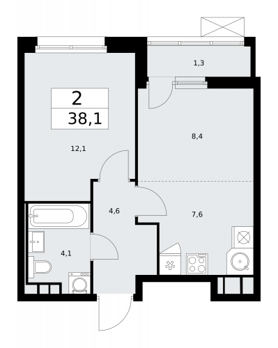 2-комнатная, 38.1 м²