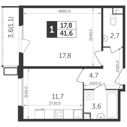 1-комнатная, квартира, 41.4 м²