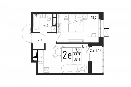 1-комнатная, квартира, 38.1 м²