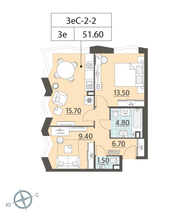 2-комнатная, квартира, 51.6 м²