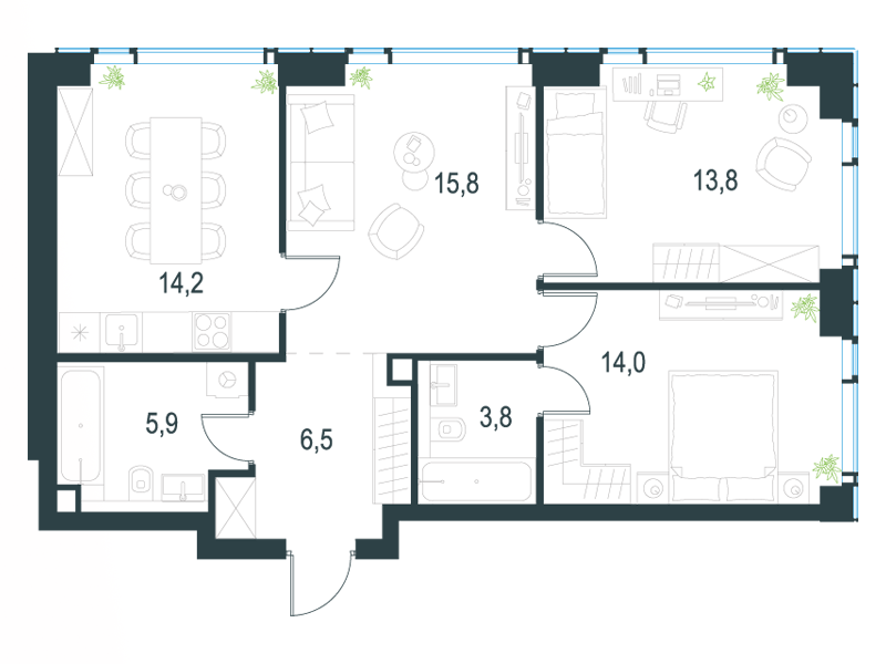3-комнатные апартаменты №36, 74,0 м² за 29,24 млн руб. в ЖК «Level Мичуринский» - планировка