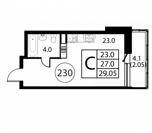 Студия, 29.05 м²