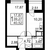 1-комнатная квартира 40,52 м²