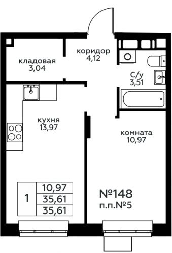 1-комнатная, 35.61 м²