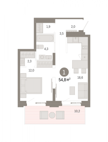 1-комнатная, квартира, 54.8 м²