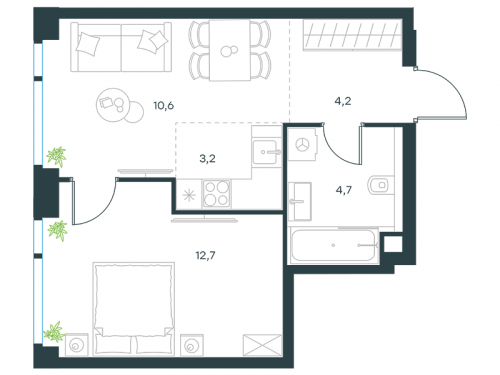 2-комнатная, квартира, 35.4 м²