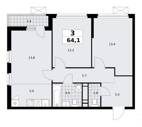 3-комнатная, 64.1 м²