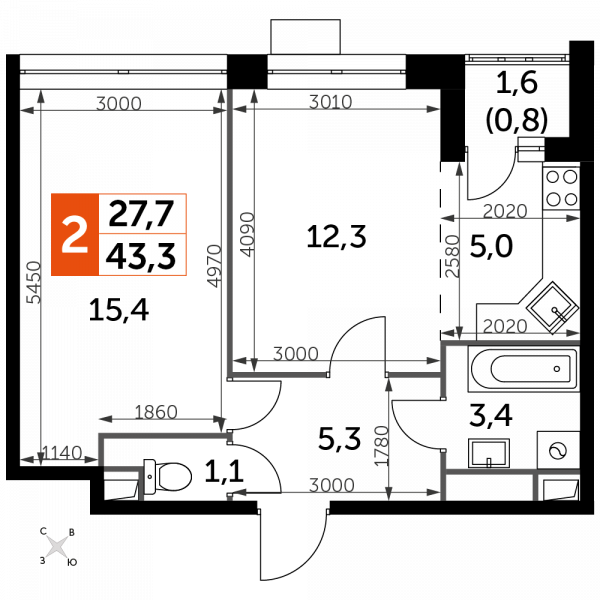 2 комнаты до 43.3