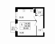 1-комнатная квартира 35 м²