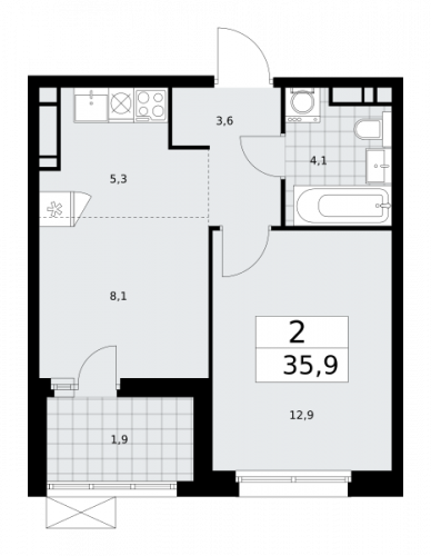 2-комнатная, 35.9 м²
