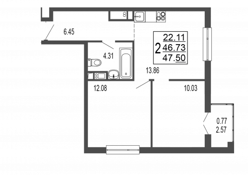 2-комнатная, квартира, 48.48 м²