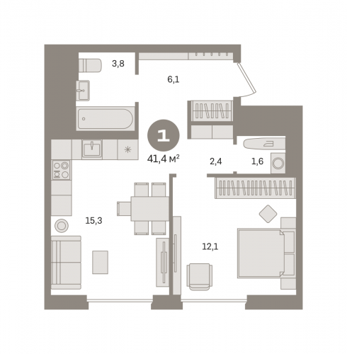 1-комнатная, квартира, 41.38 м²