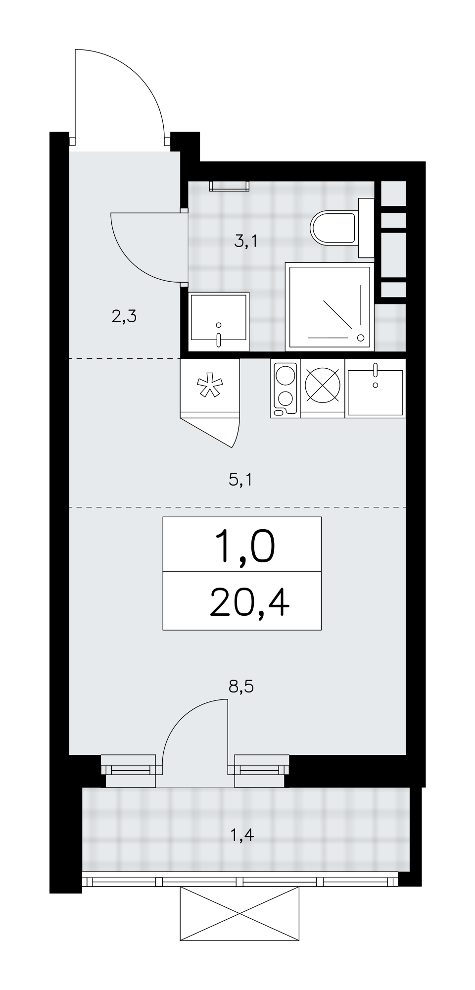 1-комнатная квартира №58К-10.1.4-761, 20,4 м² за 8,69 млн руб. в ЖК «Прокшино» - планировка