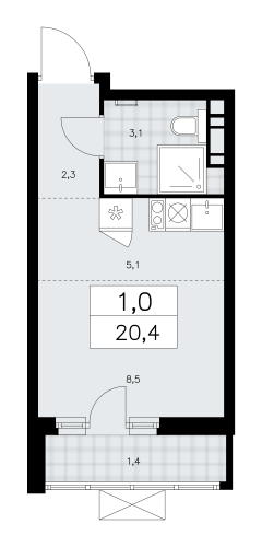 1-комнатная, 20.4 м²