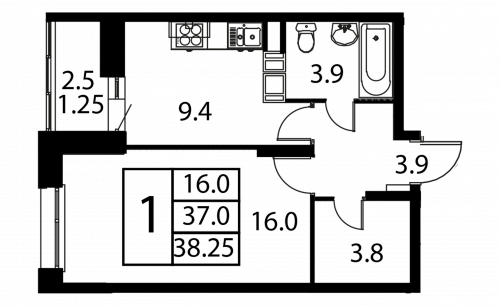 1-комнатная, квартира, 38.25 м²