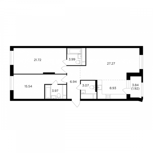 3-комнатная, 93.35 м²
