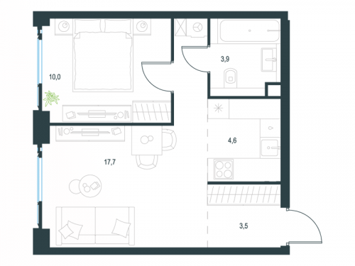 2-комнатная, 39.7 м²