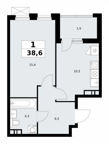 1-комнатная, 38.6 м²