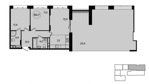 3-комнатная, 79.5 м²