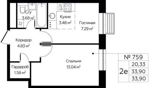 2-комнатная, 33.9 м²
