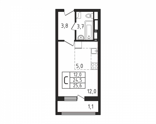 Студия, 25.5 м²