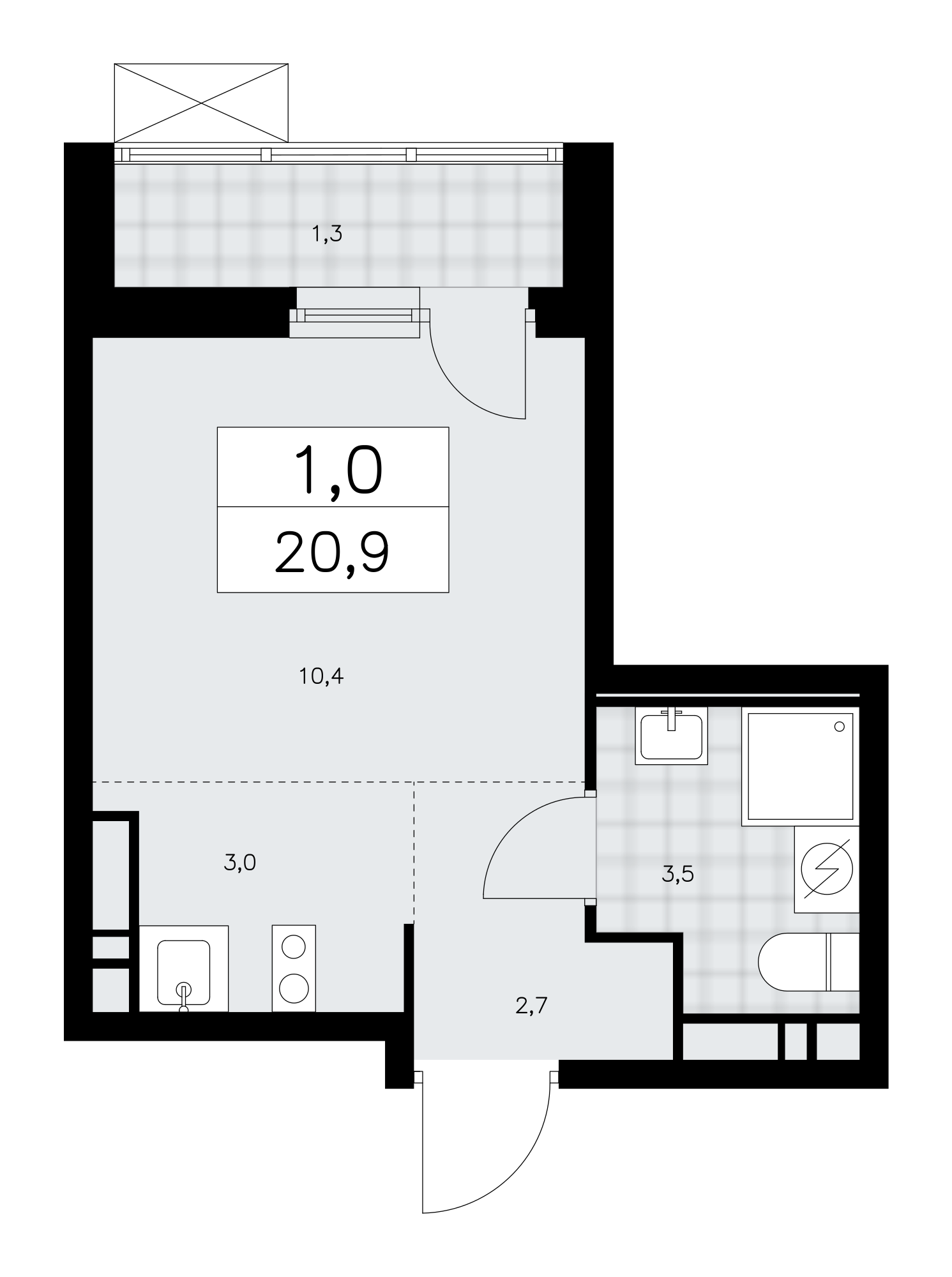 1-комнатная квартира №24К-37.1.3-260, 20,9 м² за 10,42 млн руб. в ЖК «Скандинавия» - планировка