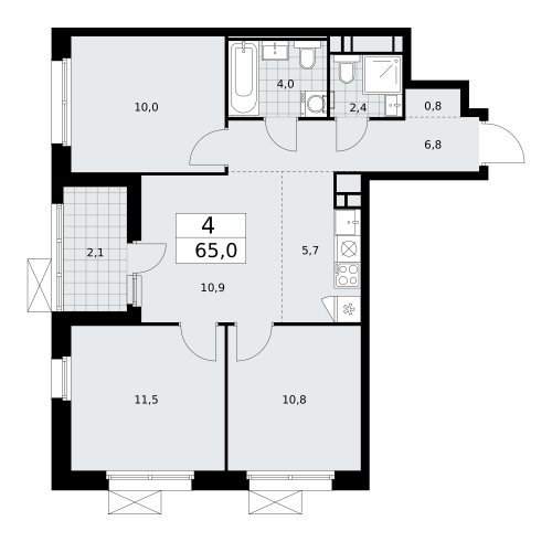 Многокомнатная, 65 м²